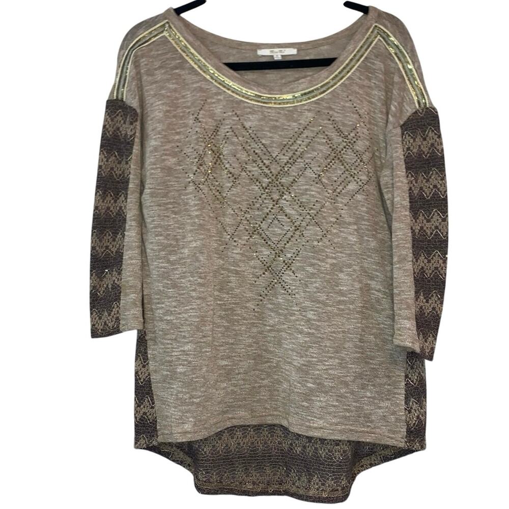 Miss Me Embellished Top Medium Boho Western Studded High Low 3/4 Sleeve
